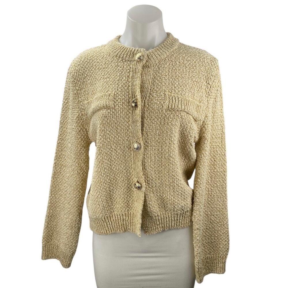 H&M Women's Beige Gold Buttons Metallic Long Sleeve Knit Cardigan Sweater Top XS